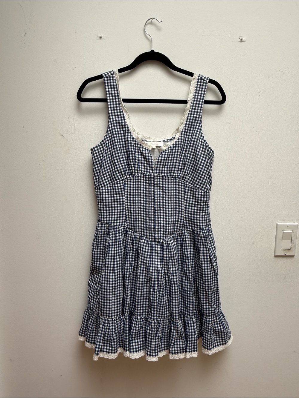 Love Shack Fancy Gingham Lace-Trim Dress - Navy and White